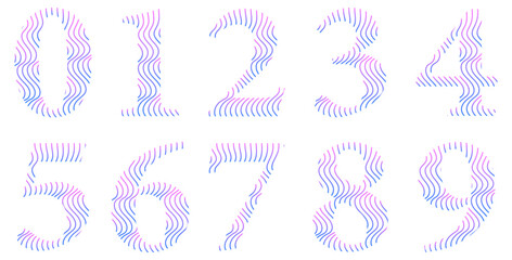 Obraz premium Set of numbers isolated on white. Alphabet with numbers. Vector graphic elements for design. Waves and lines. Pink and blue gradient. Colorful
