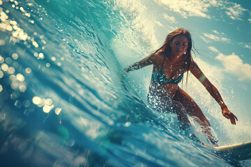 Catching Waves with Style Confident Woman Surfer Takes on the Sea at Renowned Spot