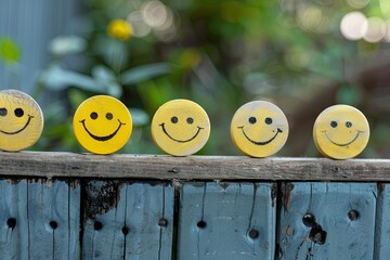 Row of Yellow Smiley Faces on Wooden Fence