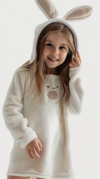 A little girl in a bunny costume posing for a picture