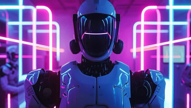 Futuristic robot with visor helmet stands alert in a room bathed in neon lights, exuding a sci-fi vibe