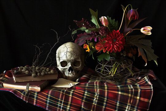 a photographic still-life of a skull with a red table cloth and flowers