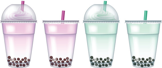 Set of plastic cups of bubble tea isolated on white background. Photo- realistic vector illustration.