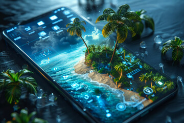 The 3D user interface interface combines as natural elements such as beach, sea, palms , mountains, trees and clouds that come out of the cellphone