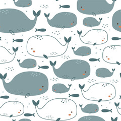 Vector seamless pattern of cute whales on white  - 746797462