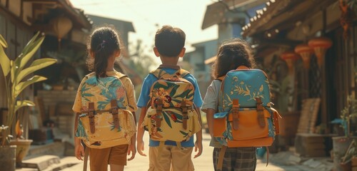 three children holding up colorful backpacks - obrazy, fototapety, plakaty