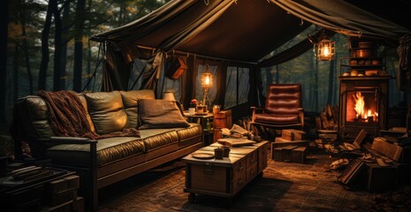 Fototapeta premium camping furniture by a fire in the woods and tent