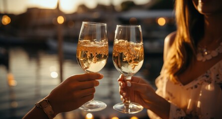 two women toasting champagne glasses on a boat