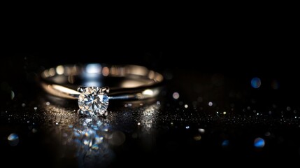 Platinum jewelry. Product shoot, macro shot, platinum wedding ring with diamond on shiny black surface. Dark background.