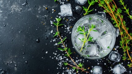 a close up of a drink with ice and a sprig of rosemary on a black surface with ice cubes.