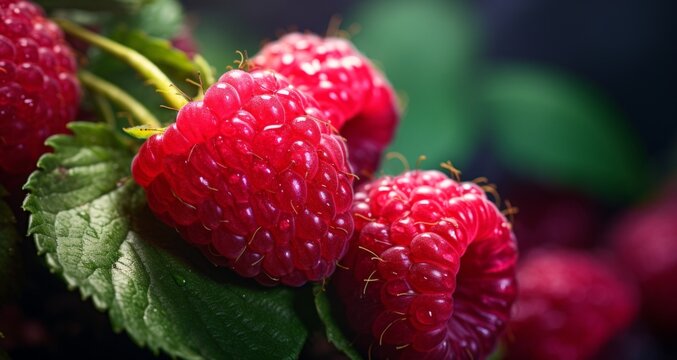 photo of fresh raspberries with leaves