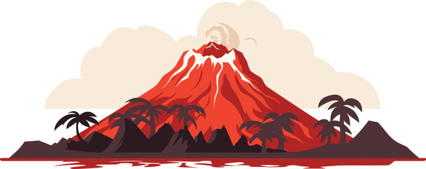 Erupting volcano lava flows, palm trees clouds. Tropical island volcano eruption red hot lava. Dangerous natural disaster vector illustration