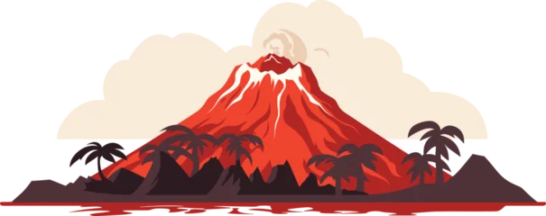 Fotobehang Erupting volcano lava flows, palm trees clouds. Tropical island volcano eruption red hot lava. Dangerous natural disaster vector illustration © Vectorvstocker