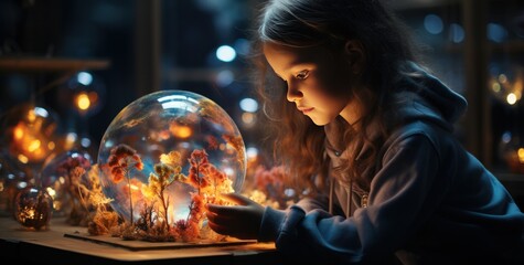 a little girl looking over the tlc globe of technology