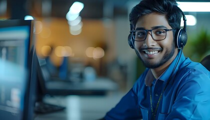 Portrait of a cheerful young Indian man ready to take calls at a call center