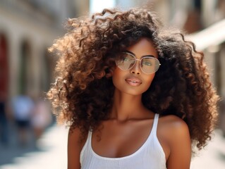 Beautiful african american woman with afro hairstyle in europe. African woman walking through the streets of Europe. Travel concept.