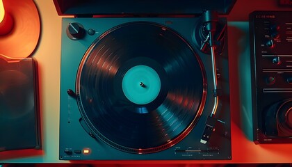 Overhead view of a vinyl record spinning on a modern turntable

