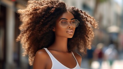 Beautiful african american woman with afro hairstyle in europe. African woman walking through the streets of Europe. Travel concept. - obrazy, fototapety, plakaty