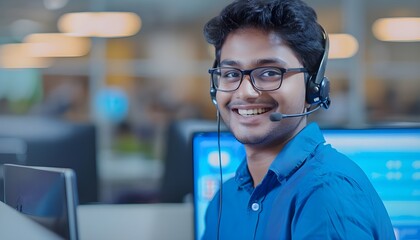 Young Indian working in a call center


