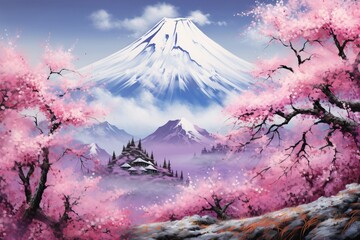 Mount Fuji with pink flowers - obrazy, fototapety, plakaty
