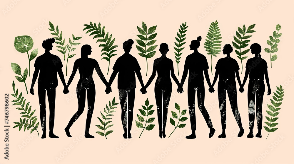 Poster a group of individuals standing together side by side, holding hands in a gesture of unity and solid
