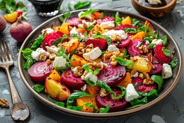 A colorful salad featuring roasted beets, goat cheese, walnuts, and a balsamic glaze - obrazy, fototapety, plakaty