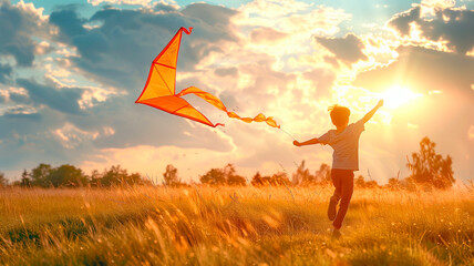 Boy flying kite in a golden spring field at sunset