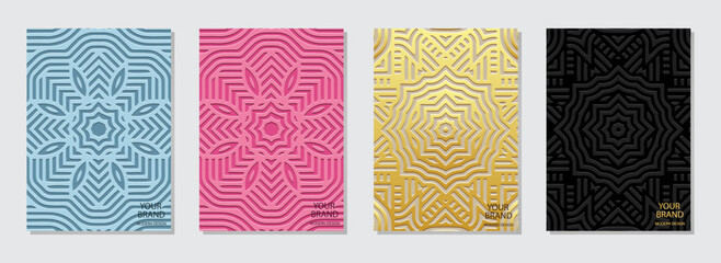 Set of ornamental covers, vertical templates. A collection of embossed, geometric backgrounds with ethnic black, gold 3D patterns, pastel colors. Exotic of the East, Asia, India, Mexico, Aztec, Peru. 