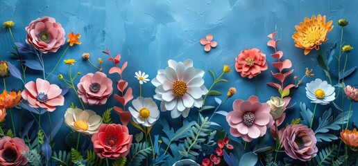 flowers are around a blue background