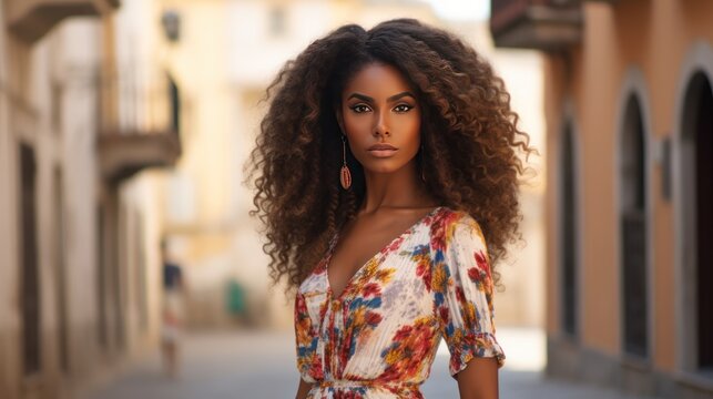 Fototapeta Beautiful young african american woman with long curly hair walking on a street in the old town. African woman walking through the streets of Europe. Travel concept.