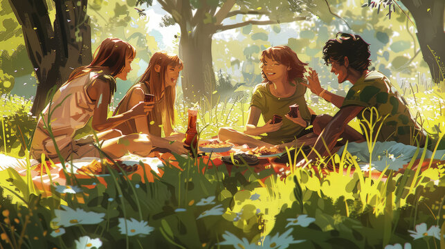 A group of people relax on top of a vibrant green field, enjoying the outdoors and each others company