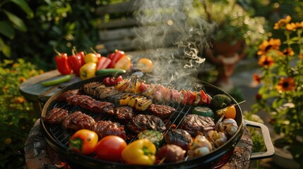 A backyard barbecue with a variety of meats and vegetables grilling, smoke rising in the air