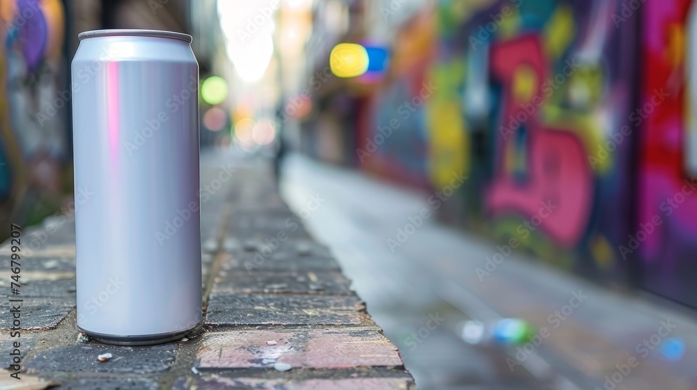 Poster mockup of empty white aluminum soda can on abstract background with space for text placement.