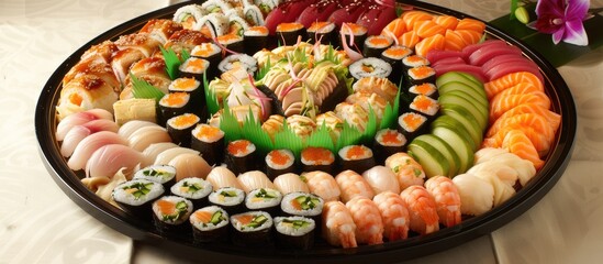 A variety of sushi rolls, nigiri, and sashimi served on a white platter on a wooden table. The sushi is colorful and freshly prepared, showcasing authentic Chinese flavors.