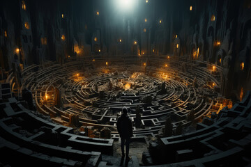 A person stands in the center of a maze constructed in a room, surrounded by walls. The individual appears to be contemplating a way out of the puzzling structure - obrazy, fototapety, plakaty