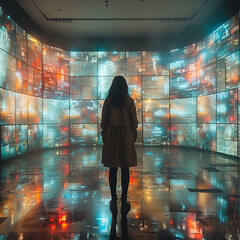 person with screens - obrazy, fototapety, plakaty
