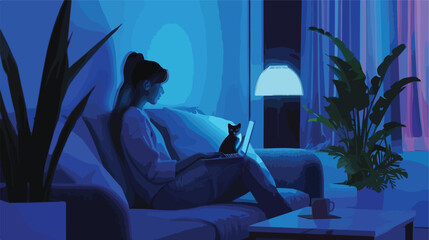 Brunette woman with a laptop sitting on a sofa late