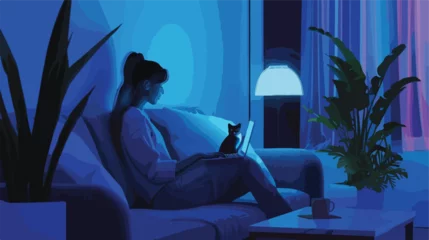 Cercles muraux Bleu foncé Brunette woman with a laptop sitting on a sofa late