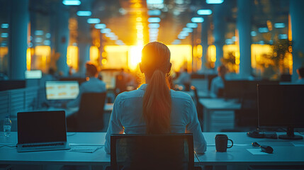 Woman working in the office with a sunset light - obrazy, fototapety, plakaty