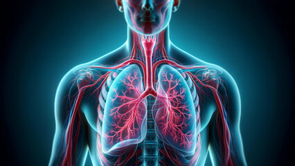 Detailed visualization of the human respiratory system, highlighting lungs and airways, medical anatomy education concept
