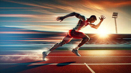 Sprinter in explosive start on the track field, motion blur conveying speed, competitive track and field athletics concept