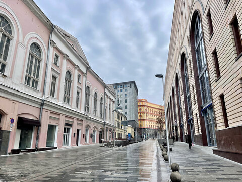 Moscow, Russia, February, 20, 2024. Pushechnaya street in Moscow in cloudy weather in winter