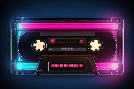 Retro cassette tape with neon vibrant colors against black background. 80s and 90s music and design.