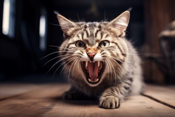A cat showing aggression and fear with its mouth open wide - obrazy, fototapety, plakaty