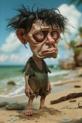 Portrait of a cartoon character of a sad man on the beach. 3d illustration