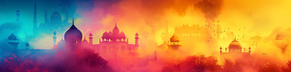 Obraz premium India background of colorful Indian travel landscape. Hindu festival of colours. Colorful Gulal for indian festival. Happy Holi. Design for card, poster, banner with copy space