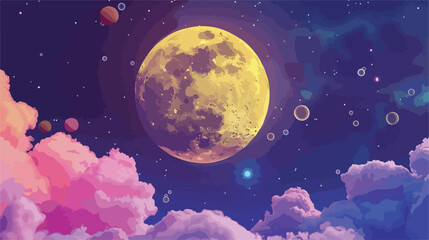 Cartoon yellow moon with craters floats in purple tu