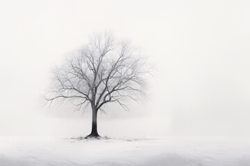 a tree in a snowy field - obrazy, fototapety, plakaty