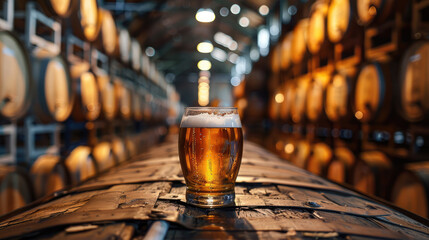 A glass of amber beer sits on a wooden barrel with rows of aging barrels stretching into the background of a brewery.