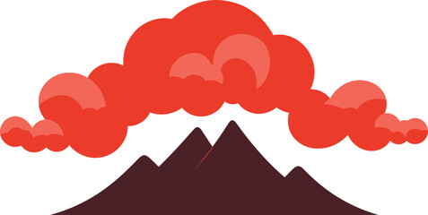 Red cloud explosion over mountains, volcanic eruption smoke. Disaster natural phenomenon, danger volcano activity vector illustration